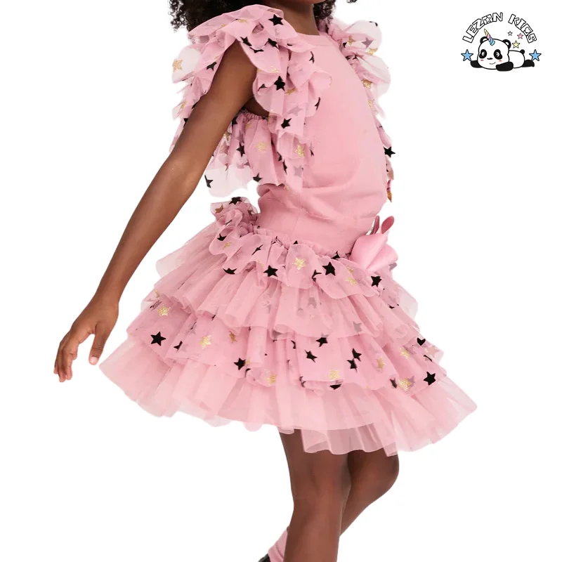 LEZONKIDS - 2024 New Girls Suit 2-14T Size Children Party Round Neck Flying Sleeve Top and Skirt Kids Suit